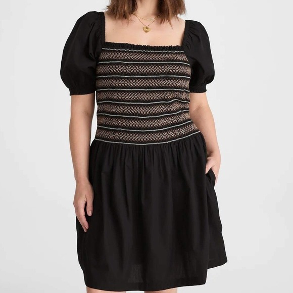 Madewell Poplin Puffed Sleeve Mini Dress Smocked XL Black - Picture 2 of 13